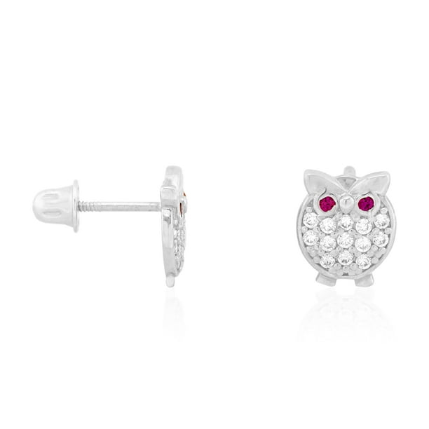 14k Yellow & White Gold Natural Onyx & Ruby Owl Screwback Stud Kid Earrings 14k Yellow & White Gold Natural Onyx & Ruby Owl Screwback Stud Kid Earrings